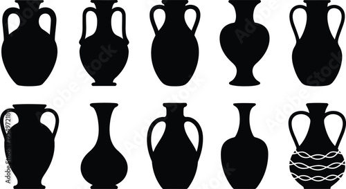 Collection of ancient Greek vase and amphora black silhouettes on a white background