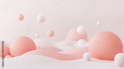 A 3D rendering of a soft, pink, abstract landscape with white spheres and clouds.