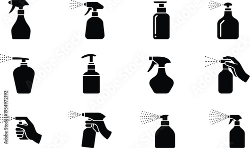 Collection of black silhouette icons depicting various spray bottles and hands spraying