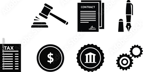 Monochrome line art top view legal and financial icon set with gavel contract pen coin tax gears bank seal simple bold outlines for a coloring book