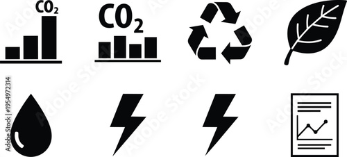 Minimalist vector icons environmental set for a coloring book showing co two charts recycle leaf water drop lightning bolt and data report bold outline line art