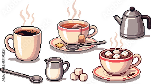 Collection of hot beverages including coffee, tea, and hot chocolate, perfect for a cozy morning or afternoon break