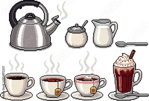 Collection of pixel art illustrations featuring hot beverages, including tea and coffee, with accompanying accessories like teapots, sugar bowls, and milk jugs for a cozy tea time or coffee break