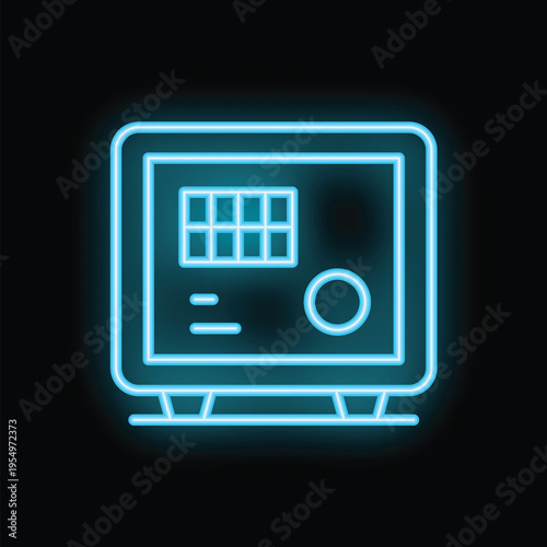 Glowing blue neon safe deposit box shining on black background
