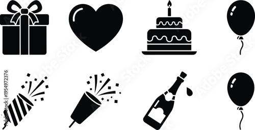 Black and white vector coloring book party icons set top view gift heart cake balloon confetti popper bottle celebration simple outline style for kids coloring book