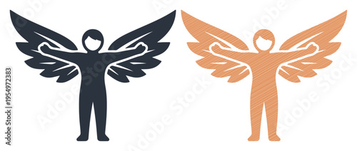 Winged Humanoid Icons Standing with Outstretched Arms, Dark Grey and Orange, Isolated Vector Illustration