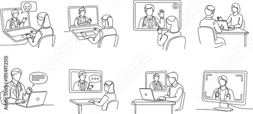 Online Doctor Consultation Line Art Set with Telemedicine Video Call Healthcare Communication and Remote Medical Support Illustration