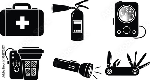Vector art close up set of emergency icons first aid fire extinguisher radio water filter flashlight multitool pocket knife arranged for a coloring book simple line
