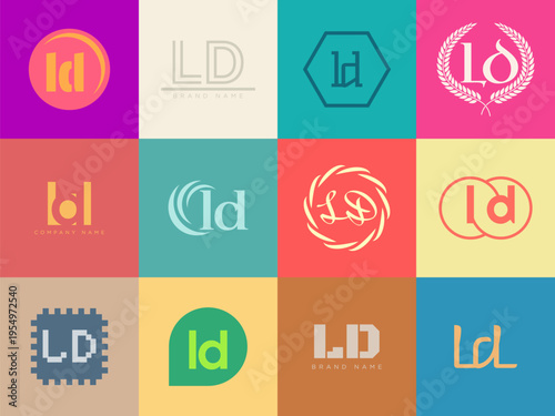 LD logo company template. Letter l and d logotype. Set different classic serif lettering and modern bold text with design elements. Initial font typography.