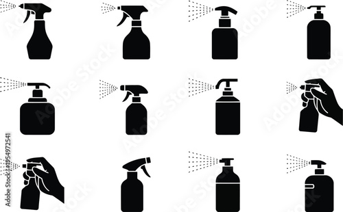 Comprehensive set of black silhouette icons showing diverse spray bottles with mist on white surface