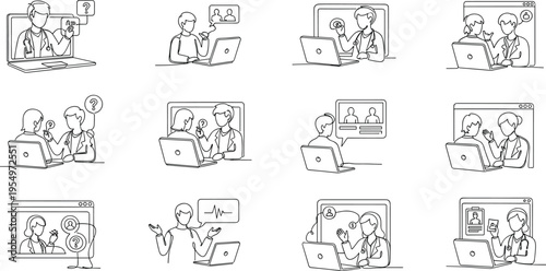 Online Medical Consultation Line Art Set with Doctor and Patient Video Calls, Health Diagnosis, and Virtual Healthcare Interaction
