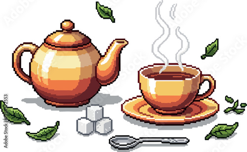 A warm and inviting image featuring a teapot, cup, saucer, spoon, sugar cubes, and scattered tea leaves, perfect for any tea lover's needs