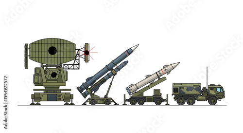 Military Air Defense System Illustration with Radar and Missile Launchers