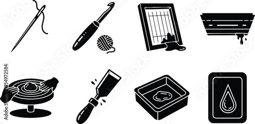 Black and white vector icons craft tools needle crochet pottery potter wheel screen printing squeegee paint tray ink drop with bold outlines for coloring book pages