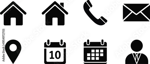Minimalist icon grid black contact and home symbols arranged in rows showing phone envelope calendar location marker and user profile flat vector illustration for coloring book