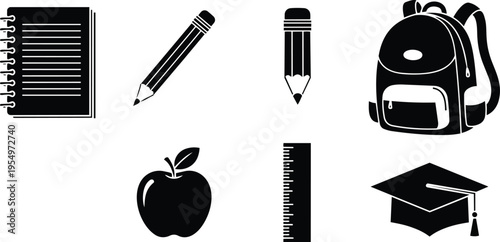 Coloring book vector close up school supply icons backpack notebook pencil ruler apple graduation cap simple outline set for kids cheerful educational black line art page
