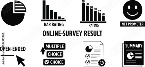 Vector art survey icons set for coloring book online survey result pie chart bar rating net promoter open ended multiple choice summary document educational page