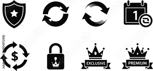 Flat vector icon set close up crown shield refresh arrows calendar lock dollar symbol badges for coloring book bold outline simple coloring page designs single line