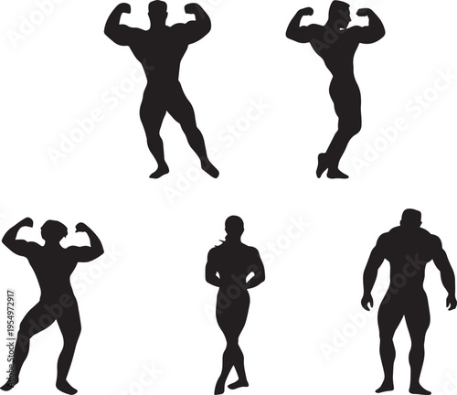 Silhouette of muscular people posing in various fitness and bodybuilding stances