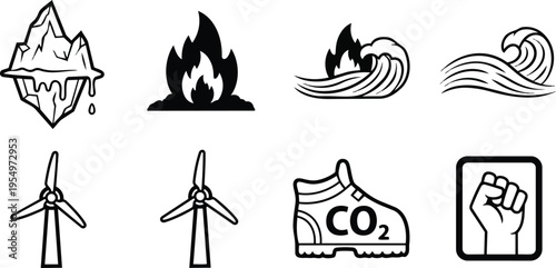 Line art climate icons set featuring melting iceberg flame waves wind turbine shoe with carbon dioxide label protest fist for a coloring book simple bold outline