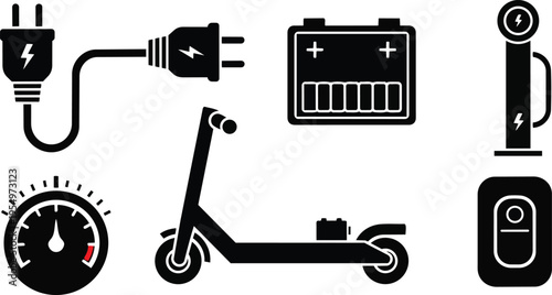 Vector art top view and side parts of electric scooter with charger battery speedometer and handlebar components for coloring book simple line art page children design