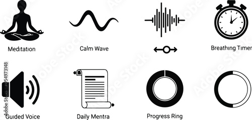 Minimalist vector icon set for a coloring book simple outline meditative symbols seated pose lotus pose calm wave breathing timer guided voice progress ring audio waveform