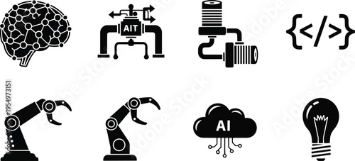 Minimalist vector icons sheet featuring brain network and robotic arm coding cloud circuit lightbulb and sensor illustrations in bold black outlines for coloring book educational technology