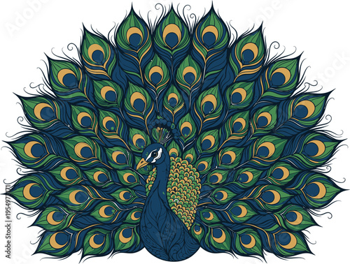 A stunning vibrant peacock with its magnificent tail feathers fully fanned out in an ornate, detailed, and decorative illustrative style against a light background.