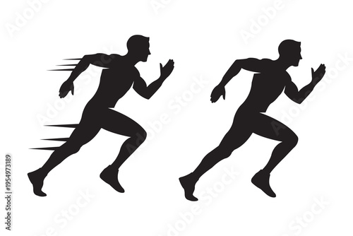 Running man silhouette icon set, athlete sprinting symbol, fast human movement speed motion runner pictogram vector