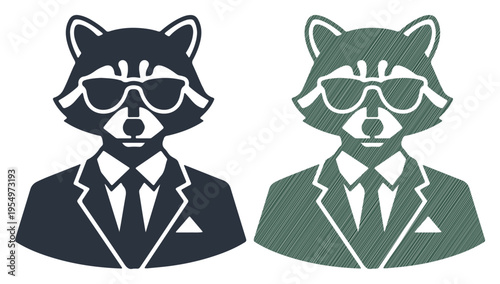 Raccoon Wearing Suit and Sunglasses, Professional Vector Icon Isolated on White