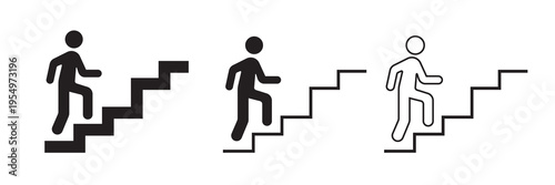 Stairs icon set. Man climbing stairs symbol, walking up staircase sign, upward direction steps vector illustration