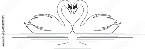A minimalist continuous line art drawing features two elegant swans gracefully forming a beautiful heart shape with their necks while floating on calm water, symbolizing love and romance.