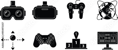 Vector art detailed front view vr headset and game controllers with directional arrows podium scoreboard monitor globe elements arranged in clean outline for a coloring book