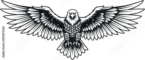 Powerful majestic eagle with wide spread wings in a bold and fierce pose, rendered in a striking black and white vintage emblem style, perfect for logo, mascot, or graphic design projects.