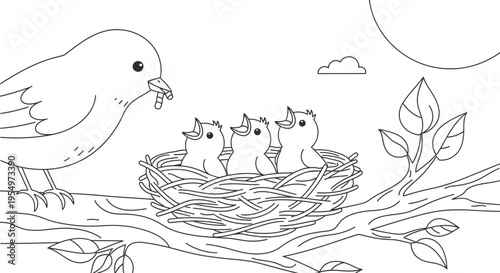 A caring mother bird perched on a sturdy tree branch, diligently feeding her three hungry baby chicks nestled comfortably within their cozy, intricate woven nest, ready for a meal.
