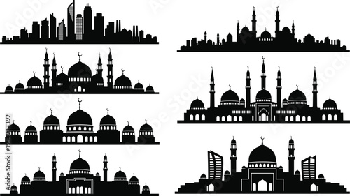 Islamic Geometric Ornament Set with Circular Mandala Designs and Arabesque Patterns for Ramadan Kareem Eid Mubarak Greeting Cards and Traditional Middle Eastern Decor.