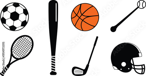 Minimalist vector sports icons coloring book page soccer basketball baseball tennis racket hockey club golf helmet arranged in simple bold outlines for easy coloring children activity