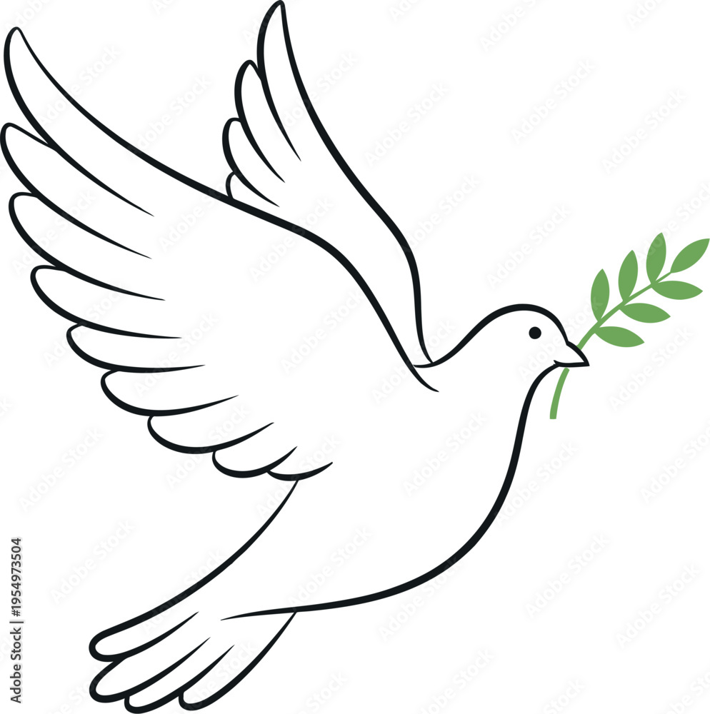 Fototapeta premium Graceful white dove with an olive branch in its beak flying against a subtle peace symbol, representing freedom, unity, and hope for world peace and harmony.