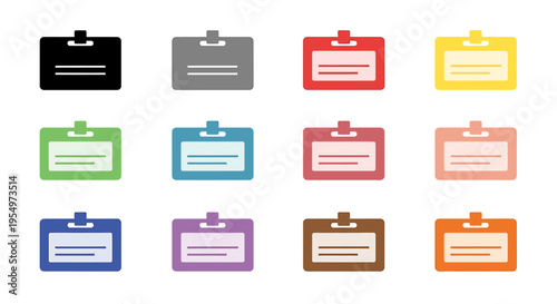 Collection of twelve colorful blank identification badges or name tags with clips, suitable for various professional and event uses.
