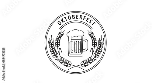 Black and white line art emblem for Oktoberfest featuring a beer mug with foam and wheat stalks in a circular frame.