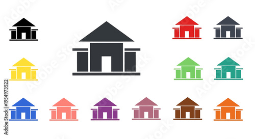 Collection of building icons in various colors and sizes, featuring a classic architectural style with columns and a pitched roof.