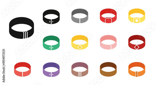 A collection of various colored pet collars or wristbands with different simple designs arranged in a grid.
