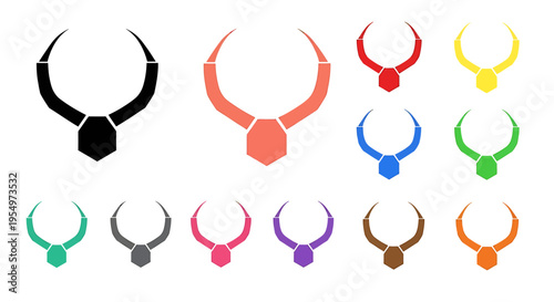 A collection of stylized bull horn or animal head necklaces in various solid colors, presented as flat design icons.