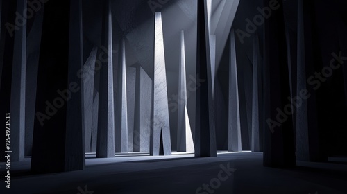 A dark room with tall, slender pillars and a single light source.