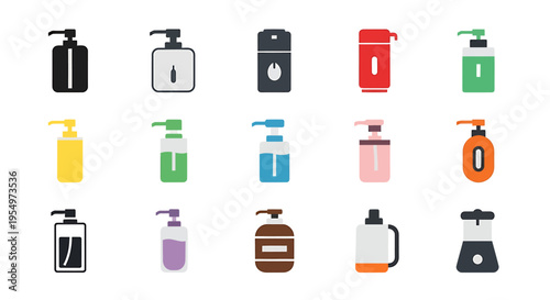 A collection of various colorful pump dispenser bottles for liquid soap, shampoo, lotion, or sanitizer, isolated on a white background.