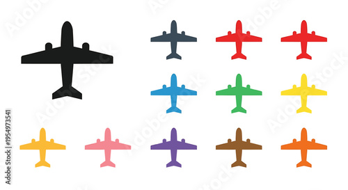 A collection of simple airplane icons in various colors, representing air travel, aviation, and global transport.