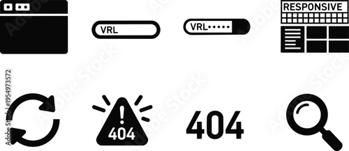 Minimalist vector icon set for coloring book web interface icons showing browser url search magnifier reload error four zero four responsive layout simple line art style