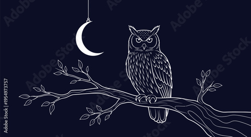 A beautiful stylized white line art illustration depicts an owl perched on a tree branch at night, illuminated by a crescent moon, creating a mysterious and enchanting nocturnal scene.
