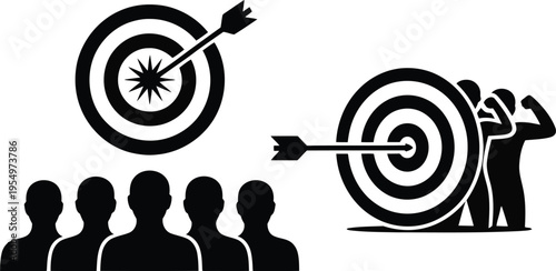 Icons depicting a target with arrow, a group of people, and teamwork reaching a shared goal