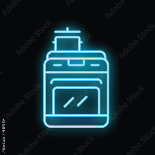 Blue neon icon of an oven with a hood fan, glowing on a black background